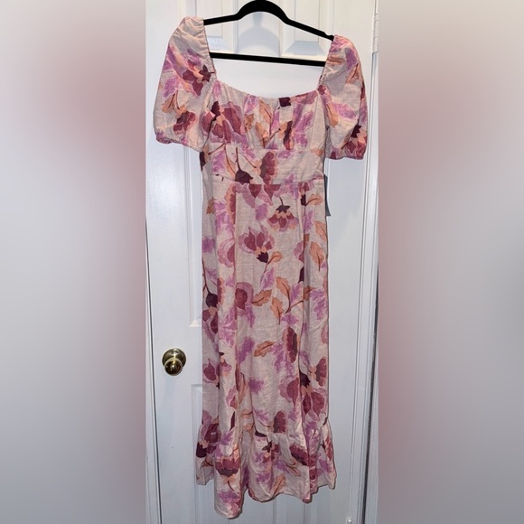 London Times Pink Floral Square-neck Puff Sleeve Empire Waist Midi Dress - Picture 6 of 9